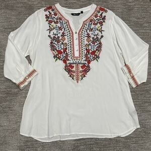 64 Sixty Five Top Womens Large White Floral Embroidered Boho Prairie Cottage